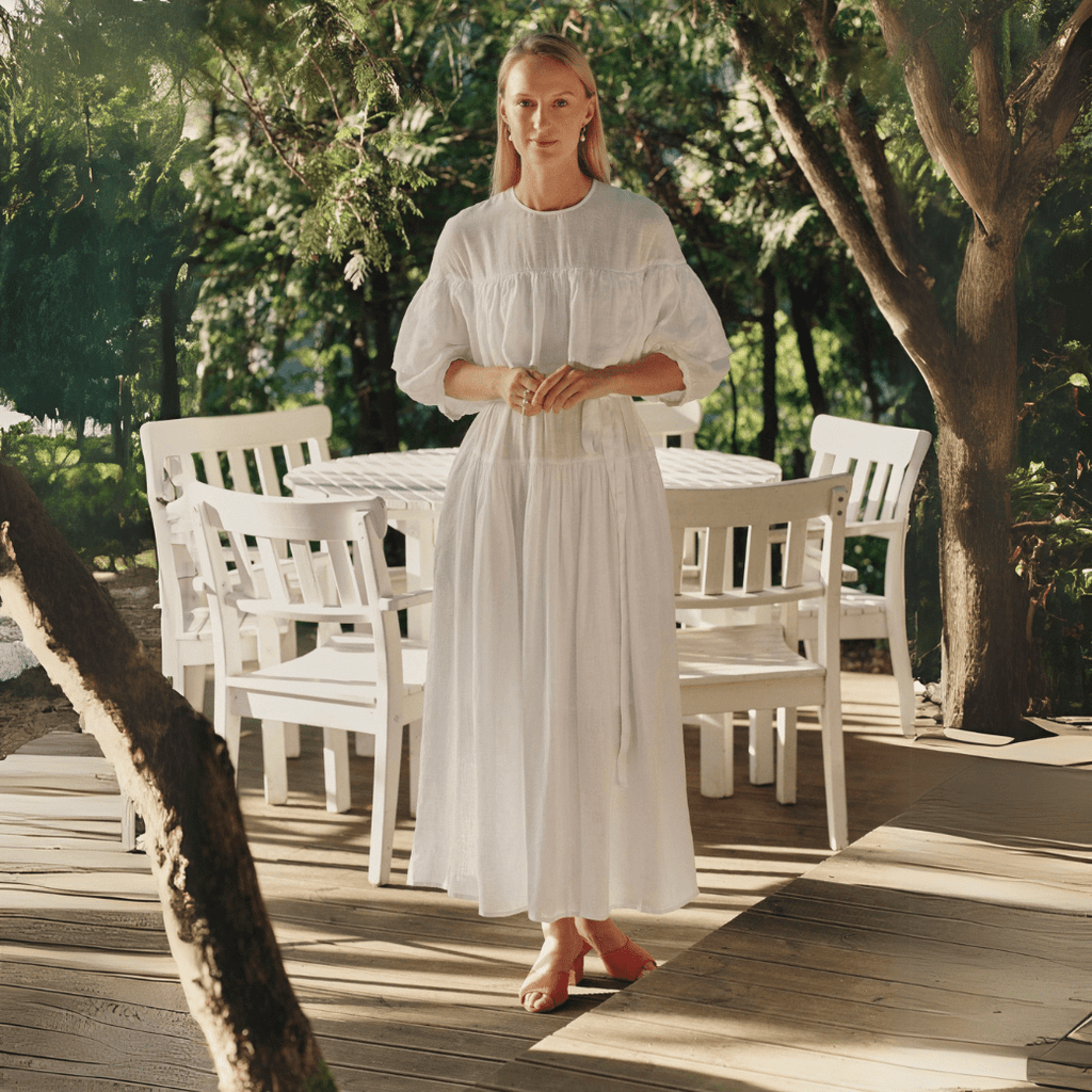 Optical White Linen Fantasia Dress | Linen Tales  Linen Tales Global
