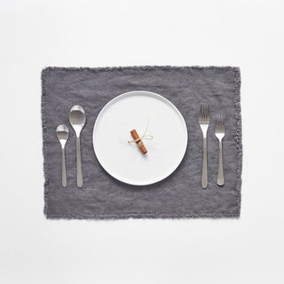 Dark Grey Washed Linen Placemat With Fringes 