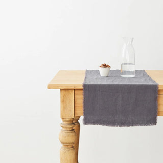 Dark Grey Linen Table Runner with Fringes 