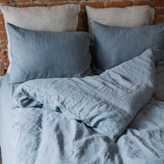 Blue Fog Washed Linen Pillowcases With Duvet Cover On Bed 