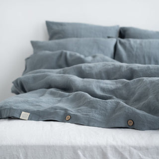 Blue Fog Washed Linen Duvet Cover Set With Buttons 