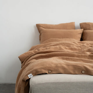 Camel Linen Duvet Cover Set With Buttons 