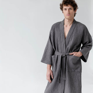 Dark Grey Linen & Cotton Honeycomb Waffle Bathrobe 7