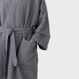 Dark Grey Linen & Cotton Honeycomb Waffle Bathrobe 4