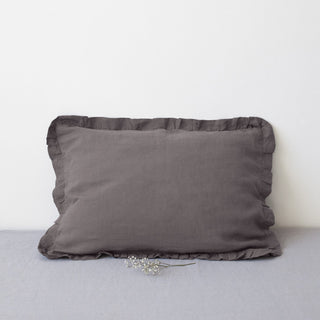 Dark Grey Linen Pillowcase with Frills 1