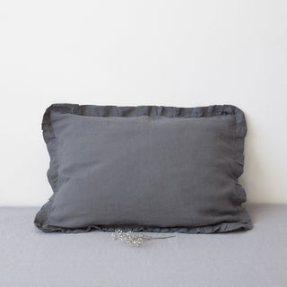 Dark Grey Soft Washed Linen Pillowcase with Frills 