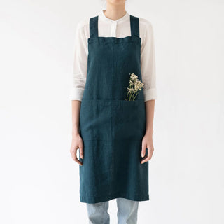 Deep Water Linen Crossback Apron 