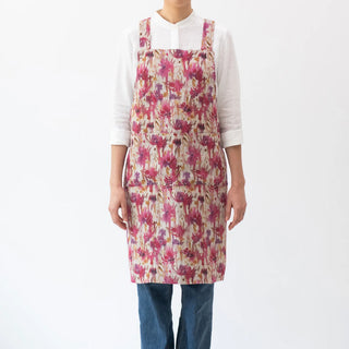 Fuchsia Flowers on Natural Linen Crossback Apron 