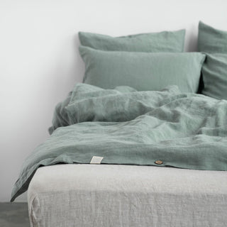 Green Milieu Washed Linen Duvet Cover Set With Buttons 