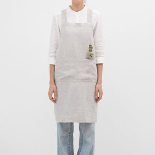 Grey Blue Pinstripe Rustic Linen Crossback Apron 1