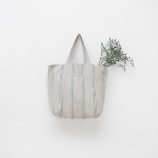 Grey Blue Wide Stripe Rustic Linen Big Bag 1