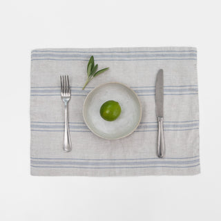 Grey Blue Wide Stripe Rustic Linen Placemat 