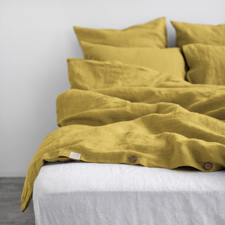 Lemon Curry Washed Linen Duvet Cover Set With Buttons 