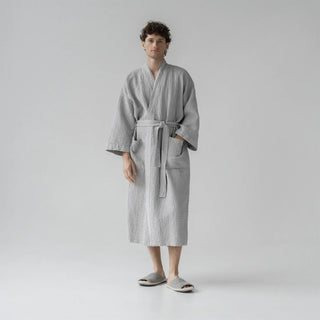 Light Grey Linen & Cotton Honeycomb Waffle Bathrobe 