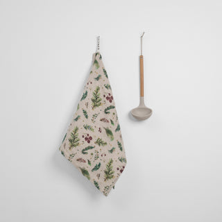 Winter Berries on Light Natural Linen Kitchen Towel 
