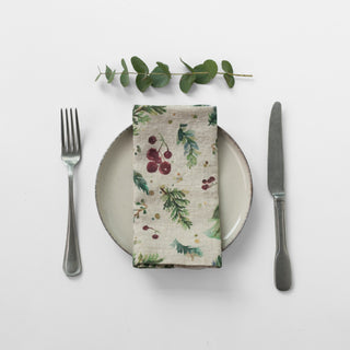 Winter Berries on Light Natural Linen Napkins Set of 2 