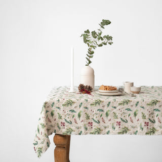 Winter Berries on Light Natural Linen Tablecloth 