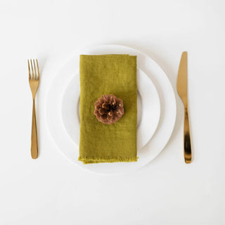 Moss Green Linen Napkins with Fringes Set of 2 