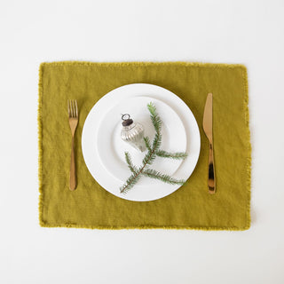 Moss Green Linen Placemat with Fringes 