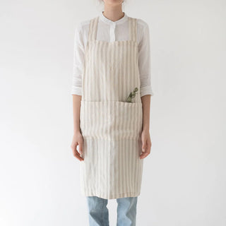 Natural White Stripes Linen Crossback Apron 