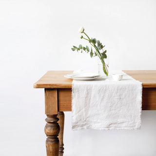 Optical White Linen Table Runner with Fringes 