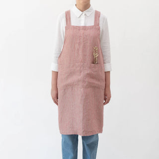 Red Natural Stripes Linen Crossback Apron 