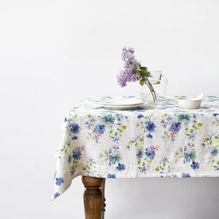 White Flowers Linen Tablecloth 