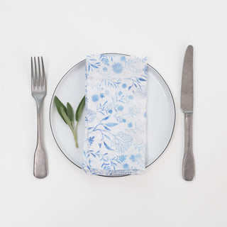 White Botanical Blue Linen Napkins Set of 2 