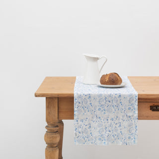 White Botanical Blue Linen Table Runner 