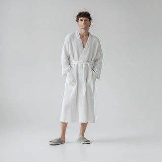 White Linen & Cotton Honeycomb Waffle Bathrobe 