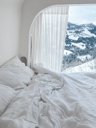 White Duvet Cover Set + Optical White Daytime Tunnel Top Curtain  