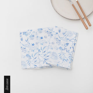 Zero Waste White Botanical Blue Linen Napkins Set of 4 1