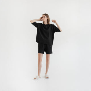 Black Linen Clover Pyjama Set - Linen Tales Global 