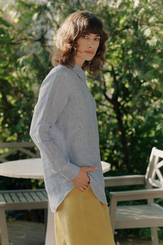Blue White Stripes Linen Azalea Shirt - Linen Tales 