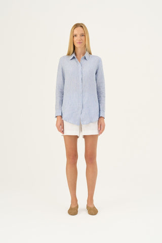 Blue White Stripes Linen Azalea Shirt - Linen Tales Global 