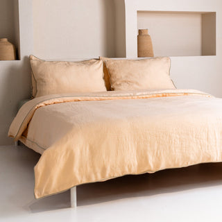 Brazilian Sand Linen Duvet Cover Set with Sage Piping - Linen Tales Global 