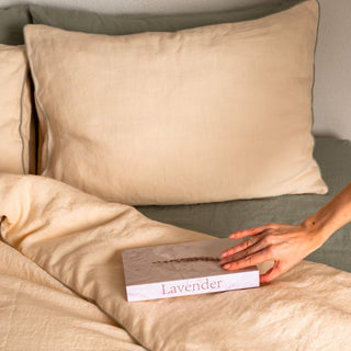 Brazilian Sand Linen Pillowcase with Sage Piping Set of 2 - Linen Tales Global 6