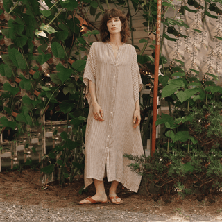 Bronze White Stripes Linen Beach Dress - Linen Tales 