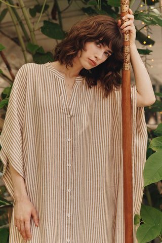 Bronze White Stripes Linen Beach Dress - Linen Tales 