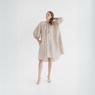 Bronze White Stripes Linen Mahina Dress - Linen Tales 