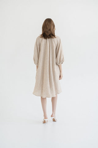 Bronze White Stripes Linen Mahina Dress - Linen Tales 