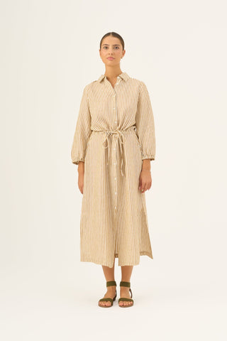 Bronze White Stripes Linen Rhapsody Dress - Linen Tales Global 