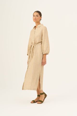Bronze White Stripes Linen Rhapsody Dress - Linen Tales Global 