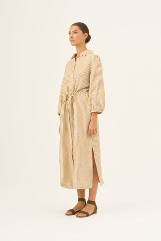 Bronze White Stripes Linen Rhapsody Dress - Linen Tales Global 4