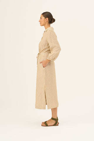 Bronze White Stripes Linen Rhapsody Dress - Linen Tales Global 3