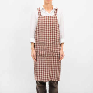 Chocolate Gingham Linen Crossback Apron - Linen Tales Global 