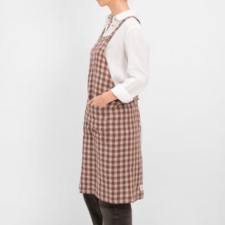 Chocolate Gingham Linen Crossback Apron - Linen Tales Global 