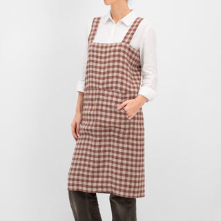 Chocolate Gingham Linen Pinafore Apron - Linen Tales Global 