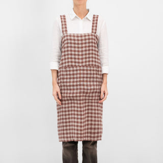 Chocolate Gingham Linen Pinafore Apron - Linen Tales Global 