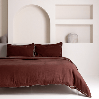 Chocolate Linen Duvet Cover Set with White Piping - Linen Tales Global 
